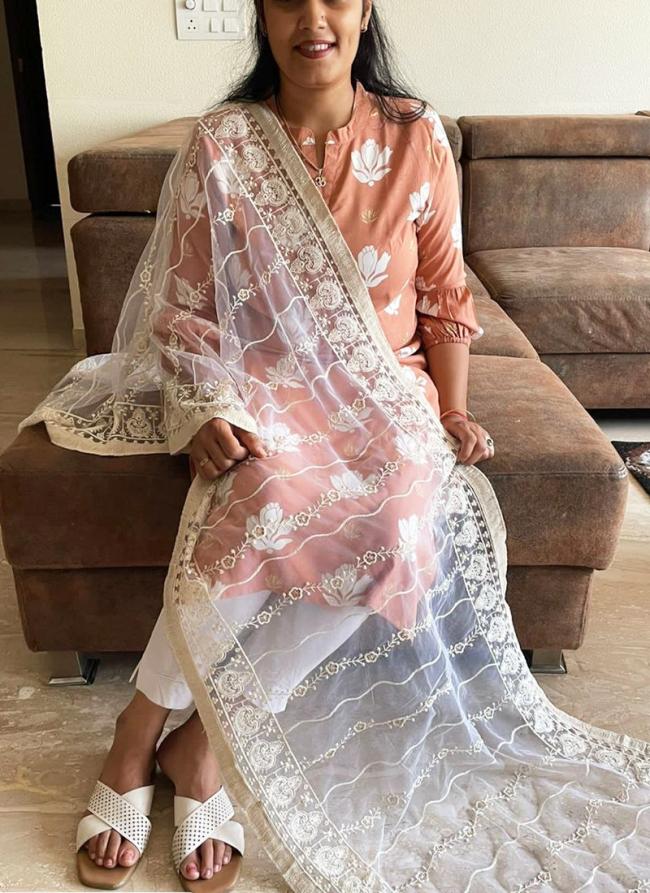 Net White Party Wear Embroidery Work Dupatta